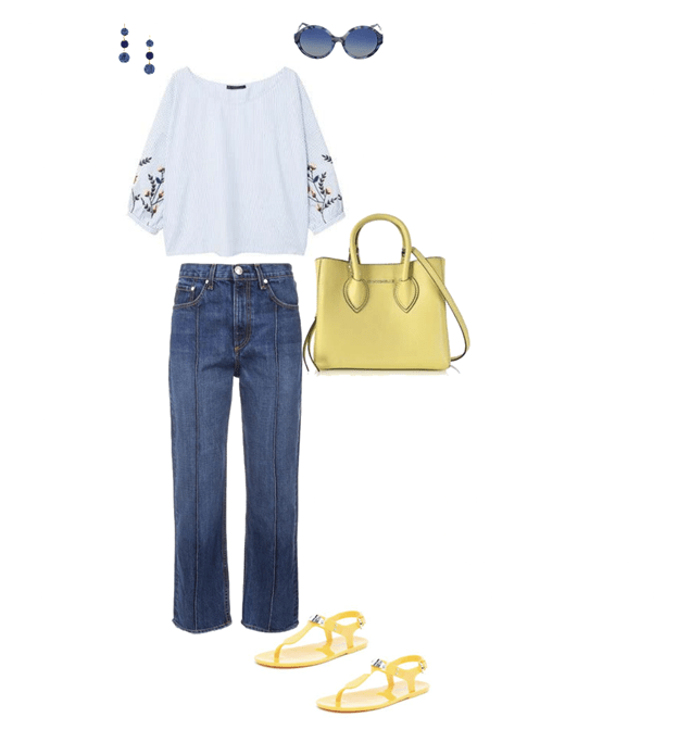 idée tenue de printemps jaune bleu et blanc